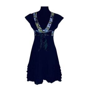 Boho Y2K Free People Sz 2 black ruffle tiered skirt floral trim dress Versatile